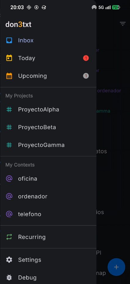 Sidebar with views: Inbox, Today, Upcoming, projects and contexts