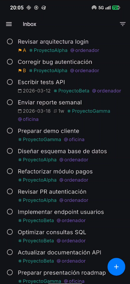 Inbox view with task list, priorities, projects and contexts