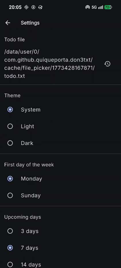 Settings screen: todo.txt file, theme, first day of week, upcoming days